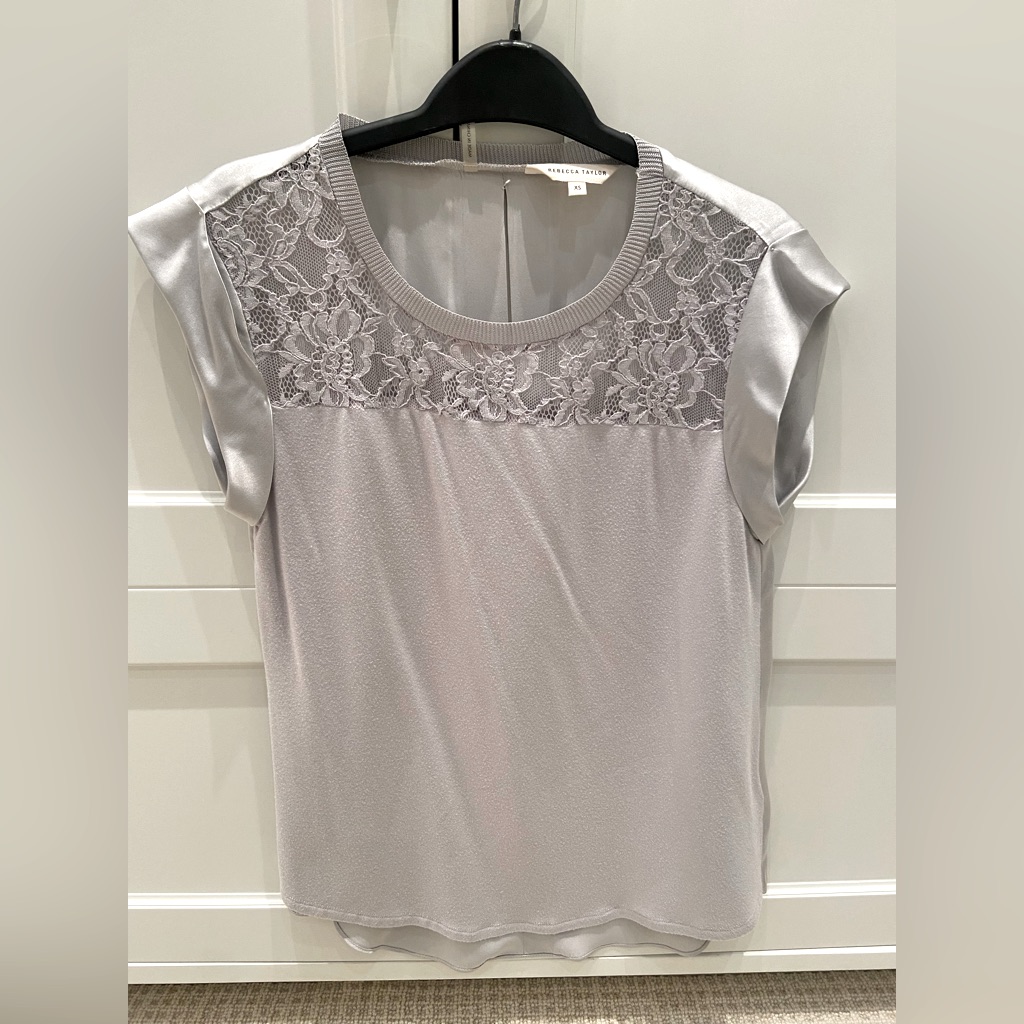 Rebecca Taylor Cap Sleeve Top With Lace Detail And Satin Back, Size Xs